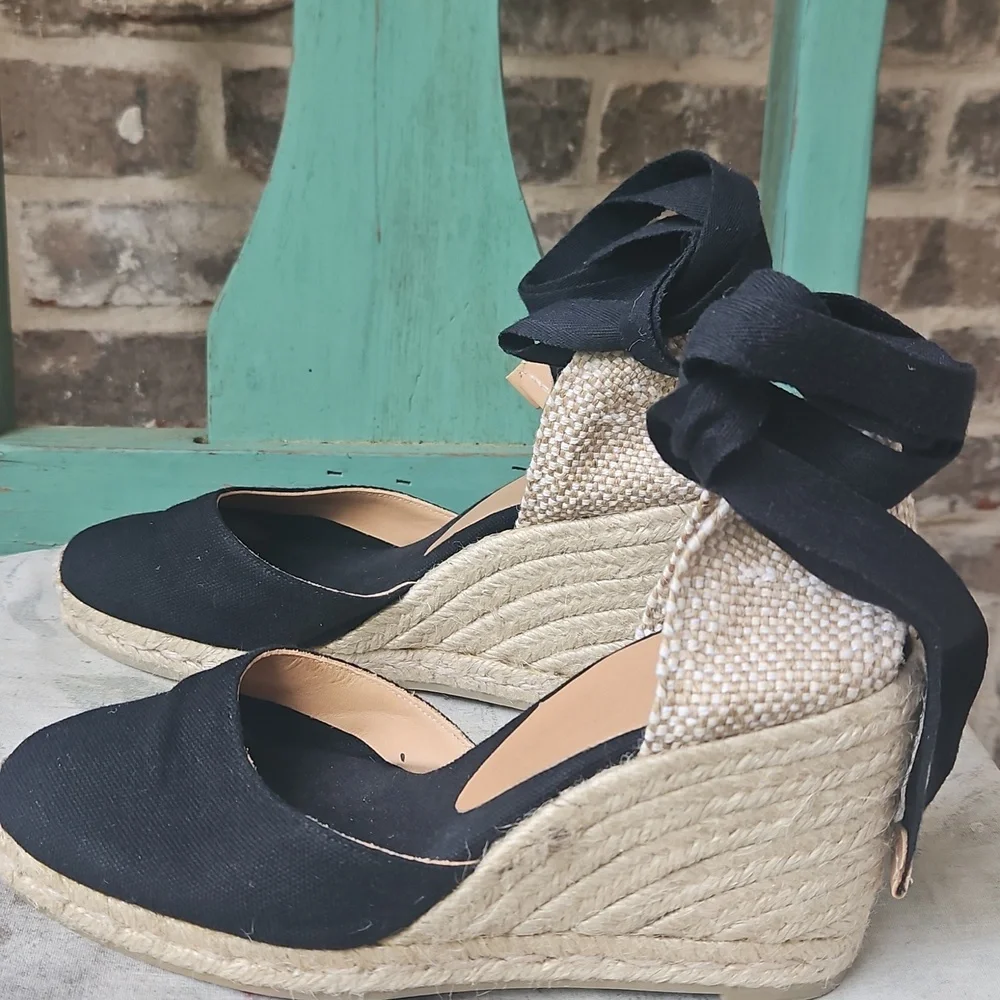 Castaner Black and Natural Espadrille Wedge with Ankle Tie